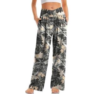 TARSE Women’s Wide Leg Casual Loose Pants Yoga Sweatpants Comfy Crossover High Waisted Lounge Pajama Flowy Pants with Pockets(Mapleleaf Black)
