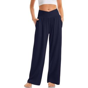 TARSE Women’s Wide Leg Casual Loose Pants Yoga Sweatpants Comfy Crossover High Waisted Lounge Pajama Flowy Pants with Pockets(Navy)