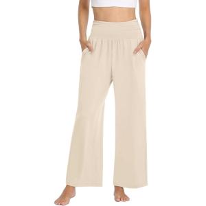 TARSE Womens Wide Leg Pants Casual Loose Yoga Sweatpants Comfy Lounge Pajama Flowy Pants Pockets(Casual Beige)