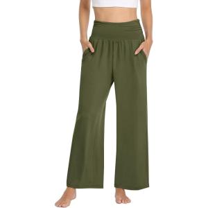 TARSE Womens Wide Leg Pants Casual Loose Yoga Sweatpants Comfy Lounge Pajama Flowy Pants Pockets(Green)