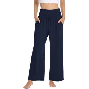 TARSE Womens Wide Leg Pants Casual Loose Yoga Sweatpants Comfy Lounge Pajama Flowy Pants Pockets(Navy Blue)