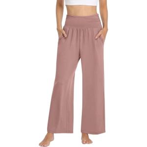 TARSE Womens Wide Leg Pants Casual Loose Yoga Sweatpants Comfy Lounge Pajama Flowy Pants Pockets(Pink)