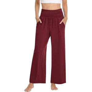 TARSE Womens Wide Leg Pants Casual Loose Yoga Sweatpants Comfy Lounge Pajama Flowy Pants Pockets(Wine Red)