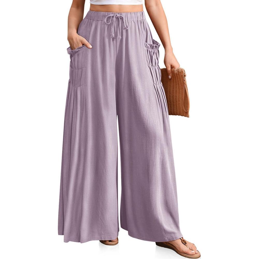 imageTARSE Women Linen Palazzo Pants Summer Wide Leg Boho Drawstring Casual Lounge Pant Beach Travel Vacation OutfitsPurple Blue