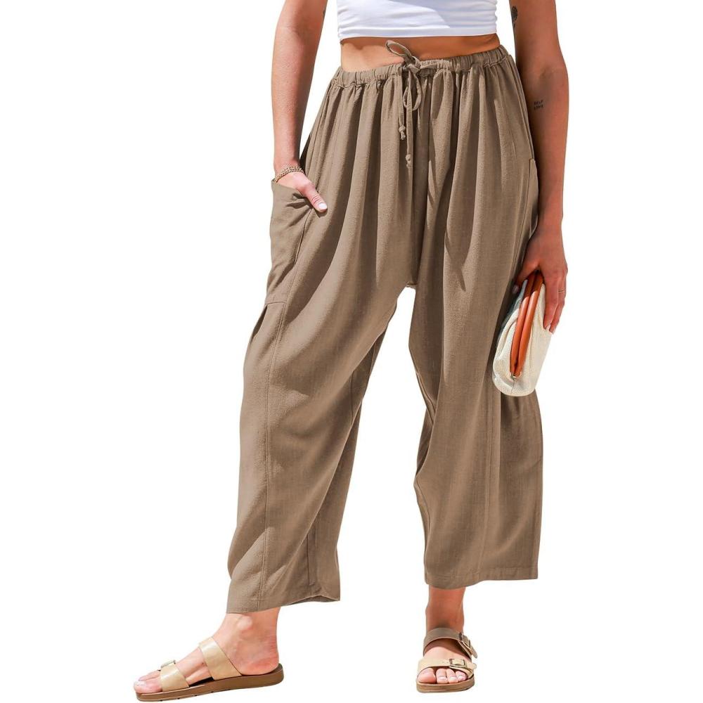 imageTARSE Womens Linen Wide Leg Pants Casual Loose Drawstring Summer Beach Travel Vacation Palazzo Harem Pants with PocketsCoffee