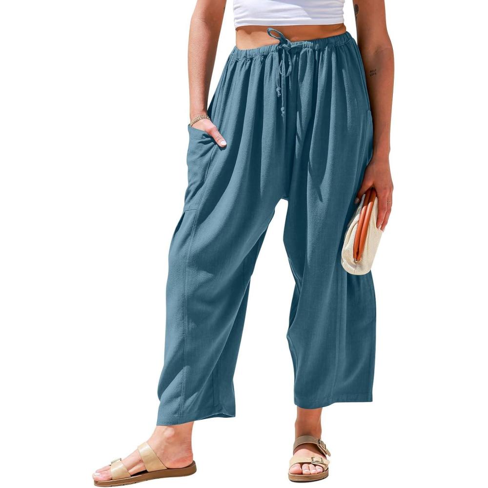imageTARSE Womens Linen Wide Leg Pants Casual Loose Drawstring Summer Beach Travel Vacation Palazzo Harem Pants with PocketsLake Blue