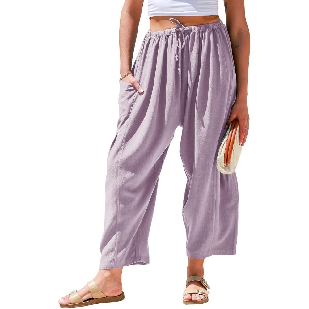 imageTARSE Womens Linen Wide Leg Pants Casual Loose Drawstring Summer Beach Travel Vacation Palazzo Harem Pants with PocketsLight Purple Pink