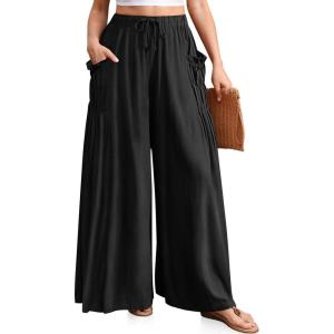 TARSE Women Linen Palazzo Pants Summer Wide Leg Boho Drawstring Casual Lounge Pant Beach Travel Vacation Outfits(Black)