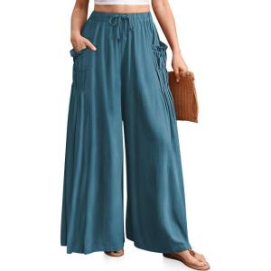 TARSE Women Linen Palazzo Pants Summer Wide Leg Boho Drawstring Casual Lounge Pant Beach Travel Vacation Outfits(Lake Blue)