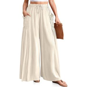 TARSE Women Linen Palazzo Pants Summer Wide Leg Boho Drawstring Casual Lounge Pant Beach Travel Vacation Outfits(Light Apricot)