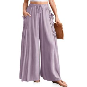 TARSE Women Linen Palazzo Pants Summer Wide Leg Boho Drawstring Casual Lounge Pant Beach Travel Vacation Outfits(Purple Blue)
