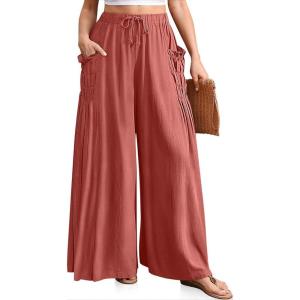 TARSE Women Linen Palazzo Pants Summer Wide Leg Boho Drawstring Casual Lounge Pant Beach Travel Vacation Outfits(Rust Red)