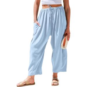 TARSE Womens Linen Wide Leg Pants Casual Loose Drawstring Summer Beach Travel Vacation Palazzo Harem Pants with Pockets(Aqua Blue)