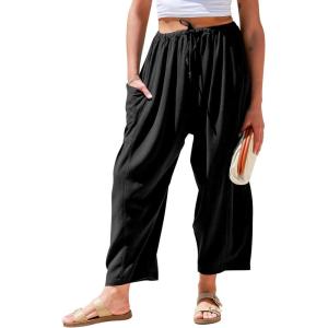 TARSE Womens Linen Wide Leg Pants Casual Loose Drawstring Summer Beach Travel Vacation Palazzo Harem Pants with Pockets(Black)