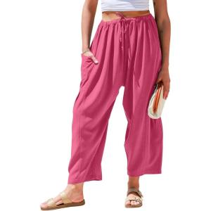 TARSE Womens Linen Wide Leg Pants Casual Loose Drawstring Summer Beach Travel Vacation Palazzo Harem Pants with Pockets(Bright Pink)