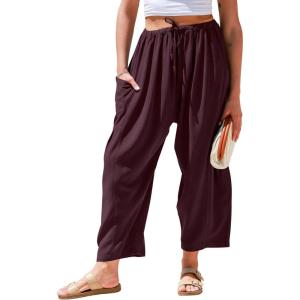 TARSE Womens Linen Wide Leg Pants Casual Loose Drawstring Summer Beach Travel Vacation Palazzo Harem Pants with Pockets(Burgundy)