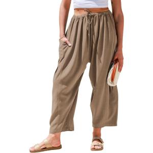 TARSE Womens Linen Wide Leg Pants Casual Loose Drawstring Summer Beach Travel Vacation Palazzo Harem Pants with Pockets(Coffee)
