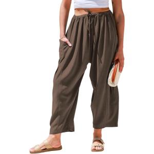 TARSE Womens Linen Wide Leg Pants Casual Loose Drawstring Summer Beach Travel Vacation Palazzo Harem Pants with Pockets(Dark Coffee)