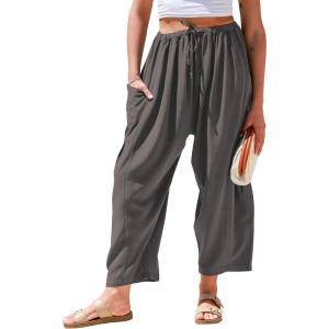 TARSE Womens Linen Wide Leg Pants Casual Loose Drawstring Summer Beach Travel Vacation Palazzo Harem Pants with Pockets(Dark Gray)