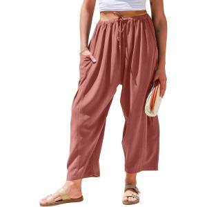 TARSE Womens Linen Wide Leg Pants Casual Loose Drawstring Summer Beach Travel Vacation Palazzo Harem Pants with Pockets(Dusty Rose)