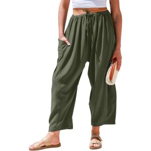 TARSE Womens Linen Wide Leg Pants Casual Loose Drawstring Summer Beach Travel Vacation Palazzo Harem Pants with Pockets(Green)