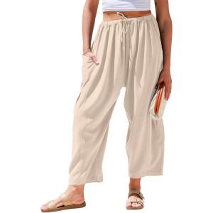 TARSE Womens Linen Wide Leg Pants Casual Loose Drawstring Summer Beach Travel Vacation Palazzo Harem Pants with Pockets(Heather Lightkhaki)