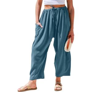 TARSE Womens Linen Wide Leg Pants Casual Loose Drawstring Summer Beach Travel Vacation Palazzo Harem Pants with Pockets(Lake Blue)