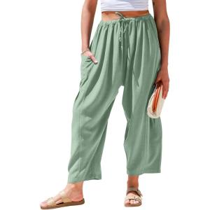 TARSE Womens Linen Wide Leg Pants Casual Loose Drawstring Summer Beach Travel Vacation Palazzo Harem Pants with Pockets(Light Army Green)