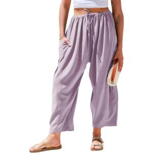 TARSE Womens Linen Wide Leg Pants Casual Loose Drawstring Summer Beach Travel Vacation Palazzo Harem Pants with Pockets(Light Purple Pink)