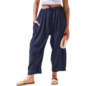 TARSE Womens Linen Wide Leg Pants Casual Loose Drawstring Summer Beach Travel Vacation Palazzo Harem Pants with Pockets(Navy)