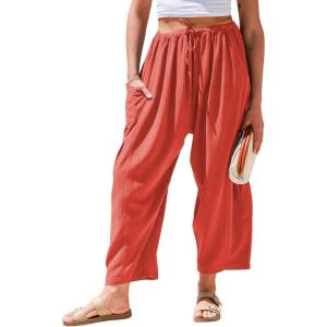 TARSE Womens Linen Wide Leg Pants Casual Loose Drawstring Summer Beach Travel Vacation Palazzo Harem Pants with Pockets(Orange Red)