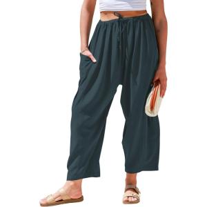 TARSE Womens Linen Wide Leg Pants Casual Loose Drawstring Summer Beach Travel Vacation Palazzo Harem Pants with Pockets(Sea Green)