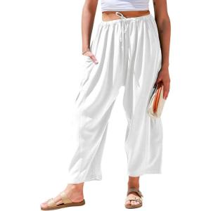 TARSE Womens Linen Wide Leg Pants Casual Loose Drawstring Summer Beach Travel Vacation Palazzo Harem Pants with Pockets(White)
