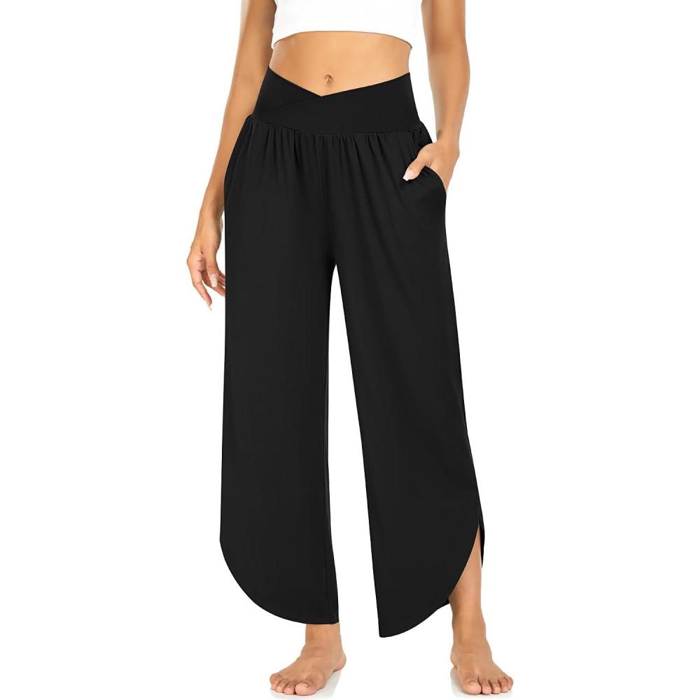 imageTARSE Wide Leg Pants for Women Cross High Waisted Yoga Pants Casual Lounge Joggers Loose fit Pajama Bottoms with PocketsBlack