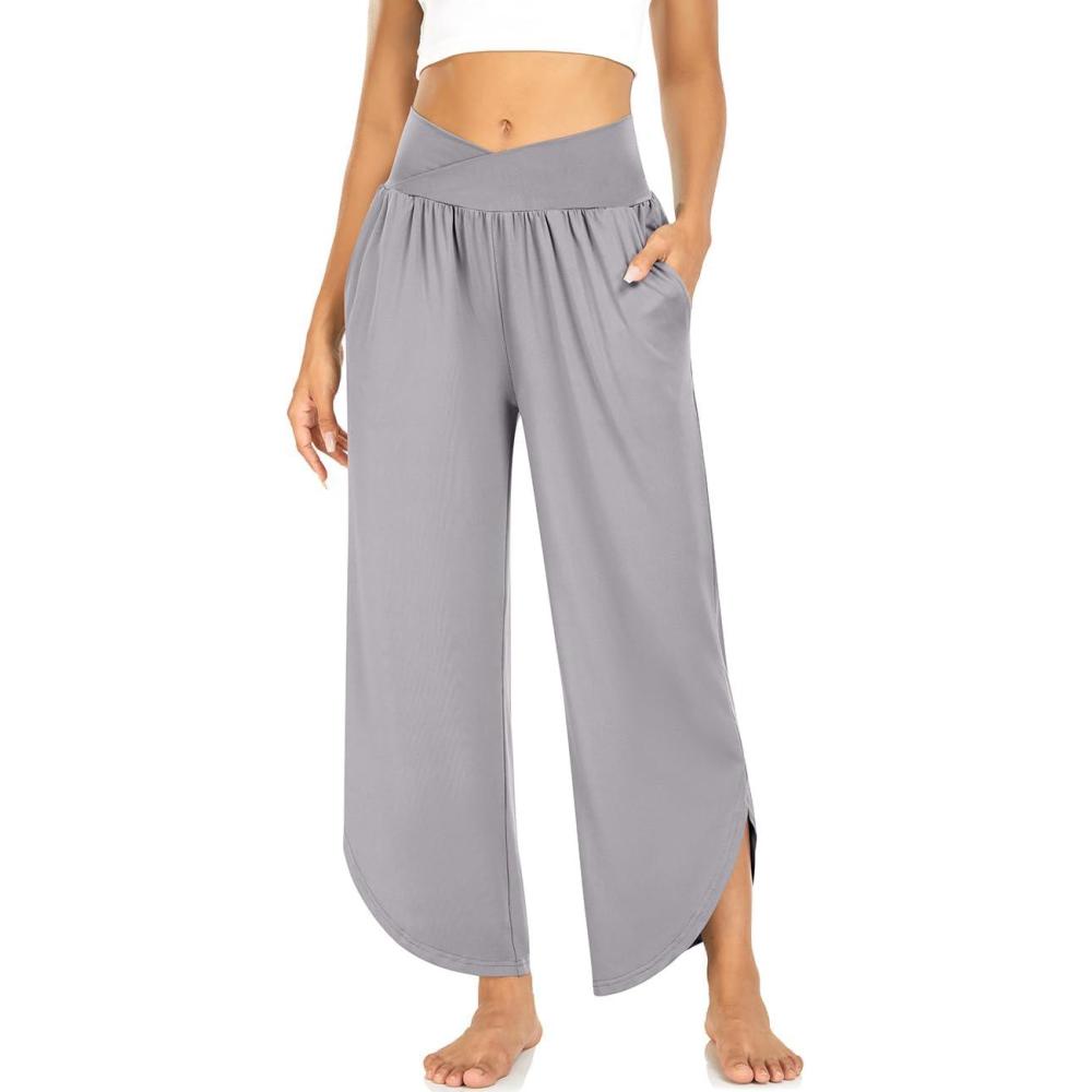 imageTARSE Wide Leg Pants for Women Cross High Waisted Yoga Pants Casual Lounge Joggers Loose fit Pajama Bottoms with PocketsLight Gray