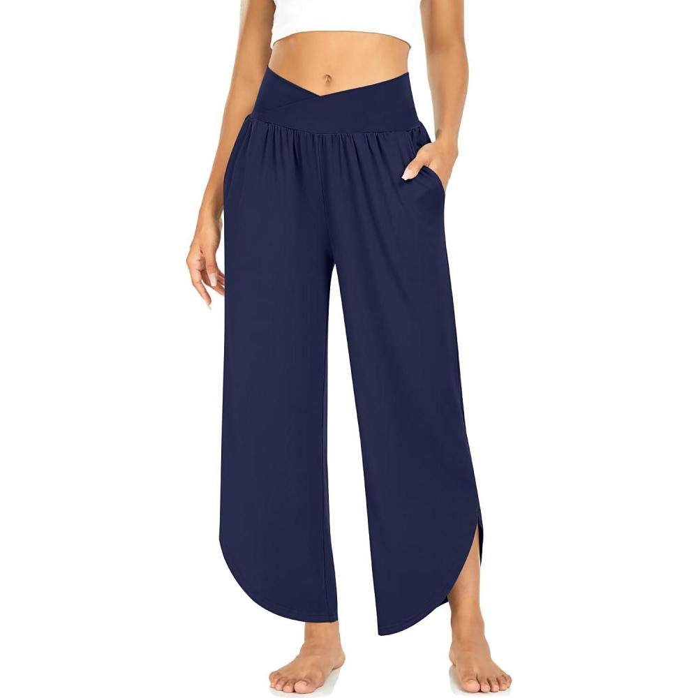 imageTARSE Wide Leg Pants for Women Cross High Waisted Yoga Pants Casual Lounge Joggers Loose fit Pajama Bottoms with PocketsNavy