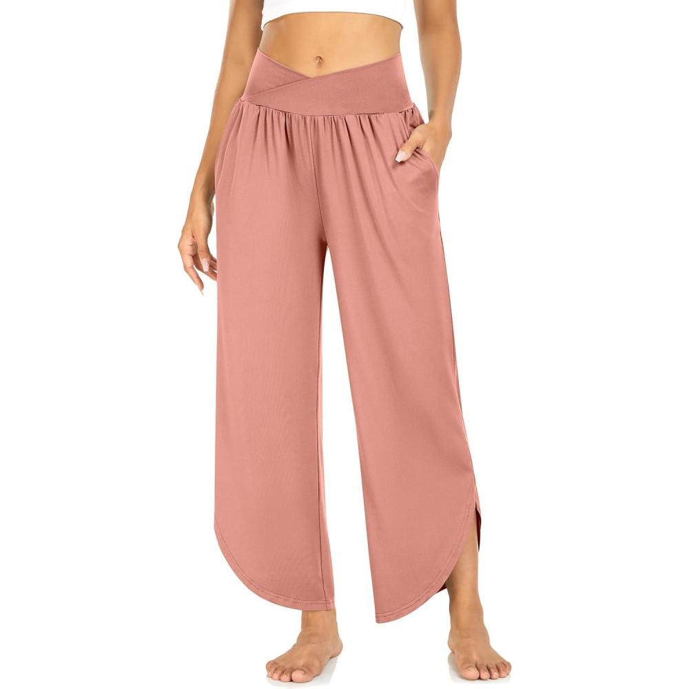 imageTARSE Wide Leg Pants for Women Cross High Waisted Yoga Pants Casual Lounge Joggers Loose fit Pajama Bottoms with PocketsRust Pink