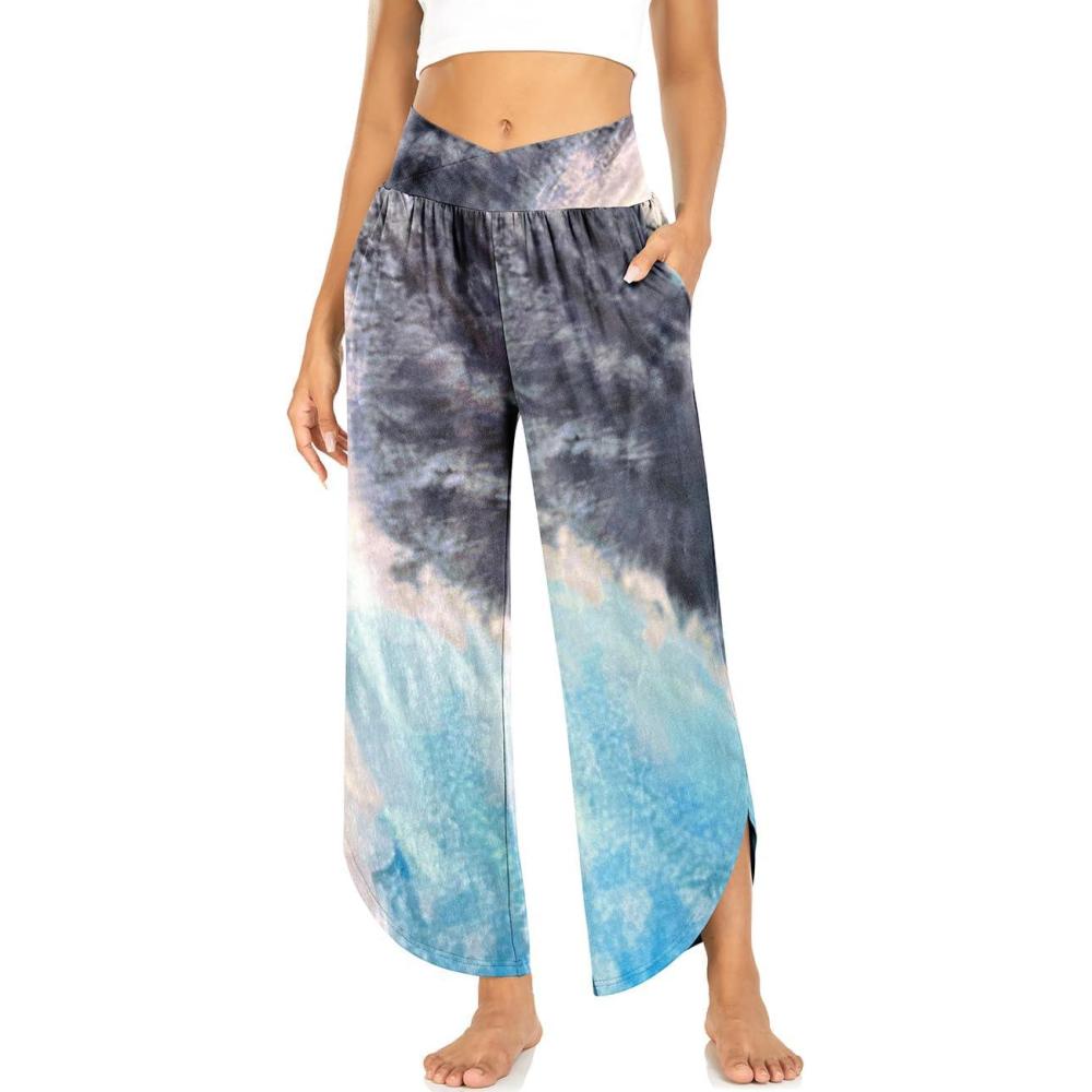 imageTARSE Wide Leg Pants for Women Cross High Waisted Yoga Pants Casual Lounge Joggers Loose fit Pajama Bottoms with PocketsTiedye