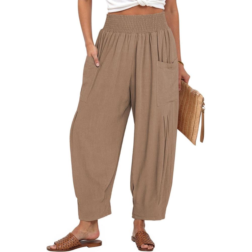 imageTARSE Women Linen Boho Pants Summer Casual Loose High Waist Cargo Lounge Harem Pant 2025 Beach Travel Vacation OutfitsCoffee