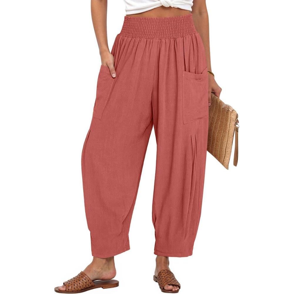 imageTARSE Women Linen Boho Pants Summer Casual Loose High Waist Cargo Lounge Harem Pant 2025 Beach Travel Vacation OutfitsDusty Rose