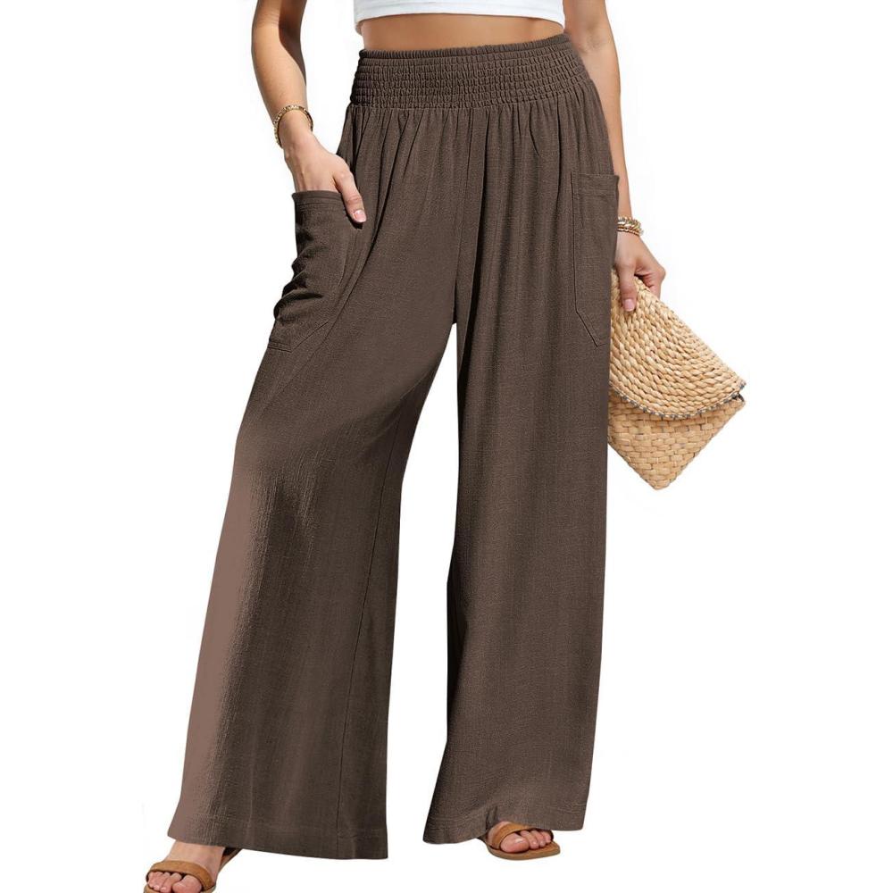 imageTARSE Women Linen Palazzo Pants Wide Leg Summer Boho High Waist Casual Lounge Pant Beach Travel Vacation OutfitsDark Coffee