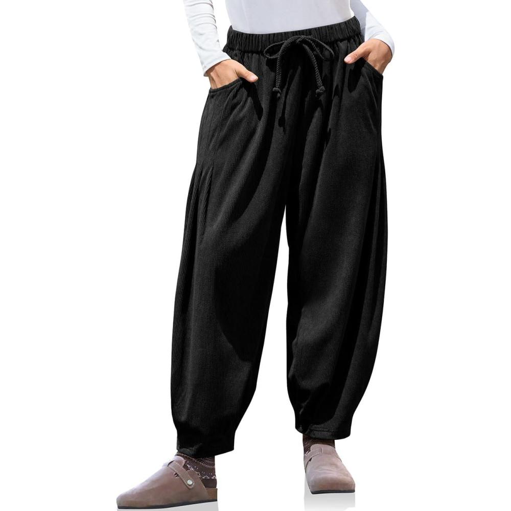 imageTARSE Womens Baggy Wide Leg Pants Corduroy Casual Drawstring Waist Palazzo Harem Pants with PocketsBlack