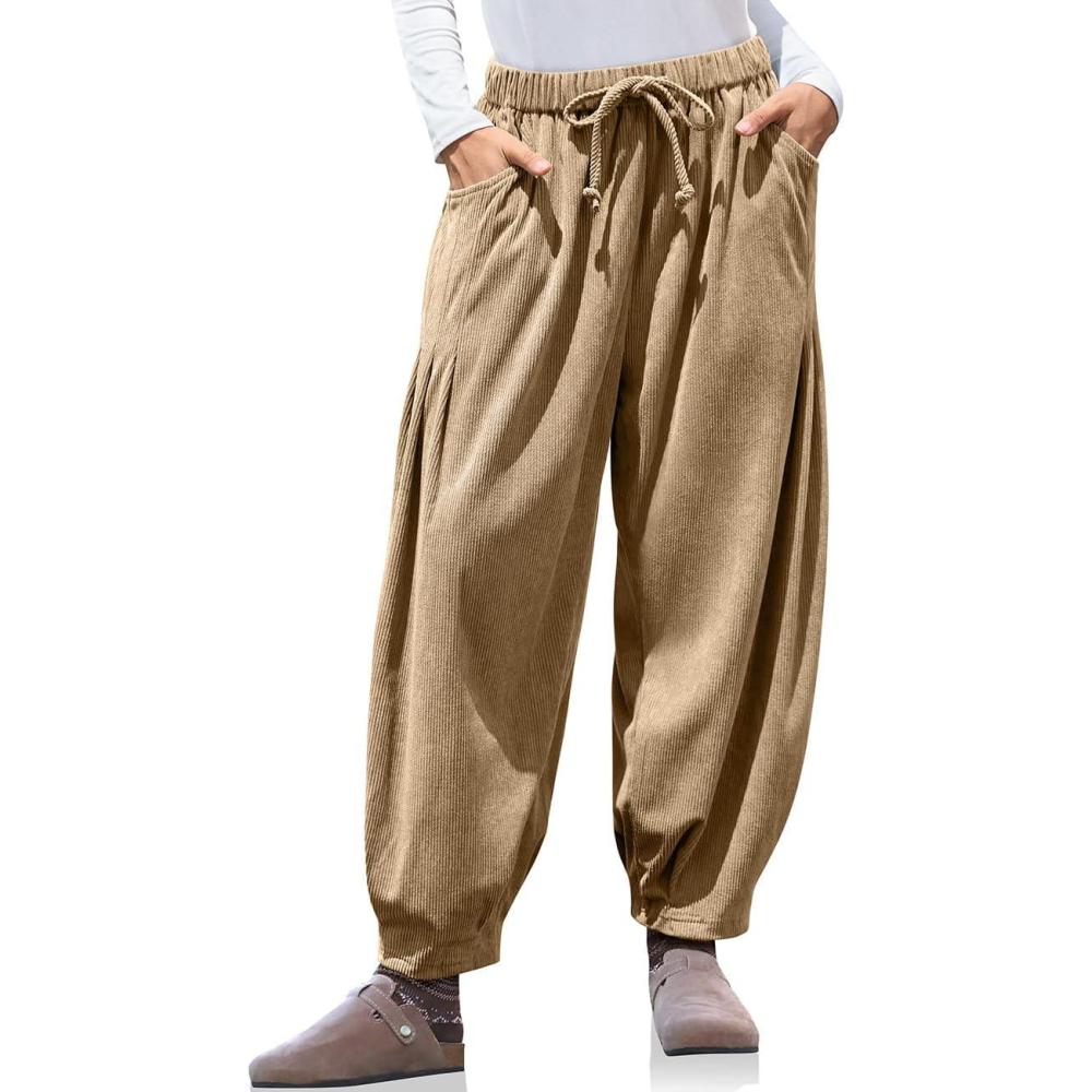 imageTARSE Womens Baggy Wide Leg Pants Corduroy Casual Drawstring Waist Palazzo Harem Pants with PocketsCamel
