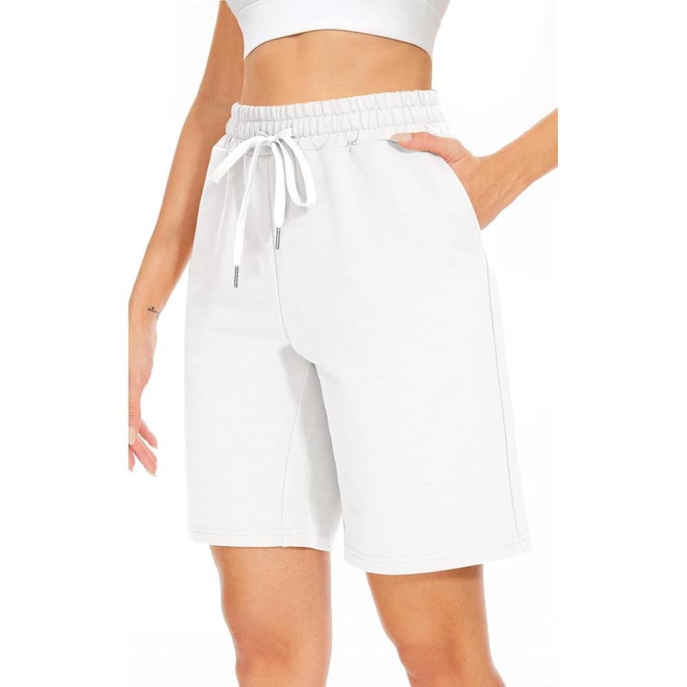 imageTARSE Womens Bermuda Shorts Long Cotton Loose with Pockets Knee Length for Yoga Casual Walking Exercise ShortsWhite