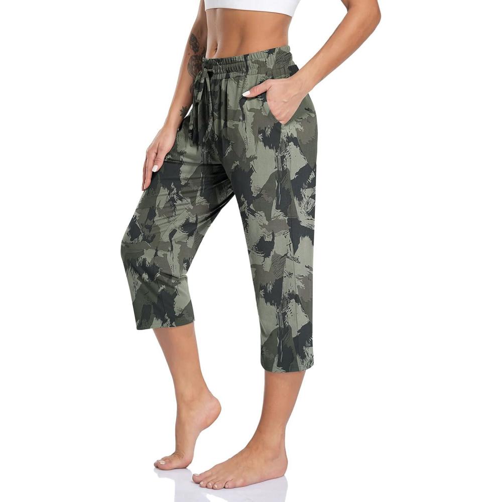 imageTARSE Womens Capri Yoga Pants Loose Soft Drawstring Workout Sweatpants Causal Lounge Pants with PocketsCamouflage