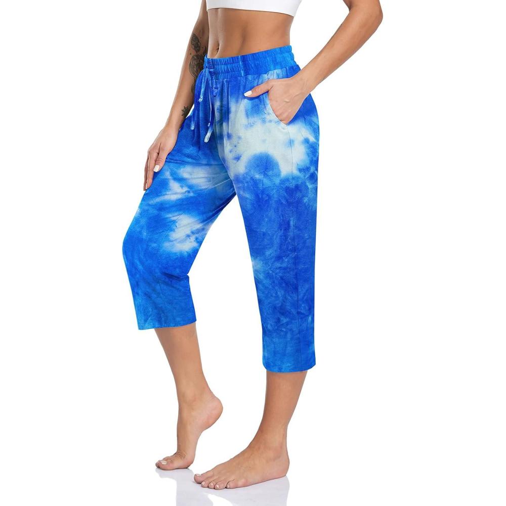 imageTARSE Womens Capri Yoga Pants Loose Soft Drawstring Workout Sweatpants Causal Lounge Pants with PocketsCapris Tie Dyeblue
