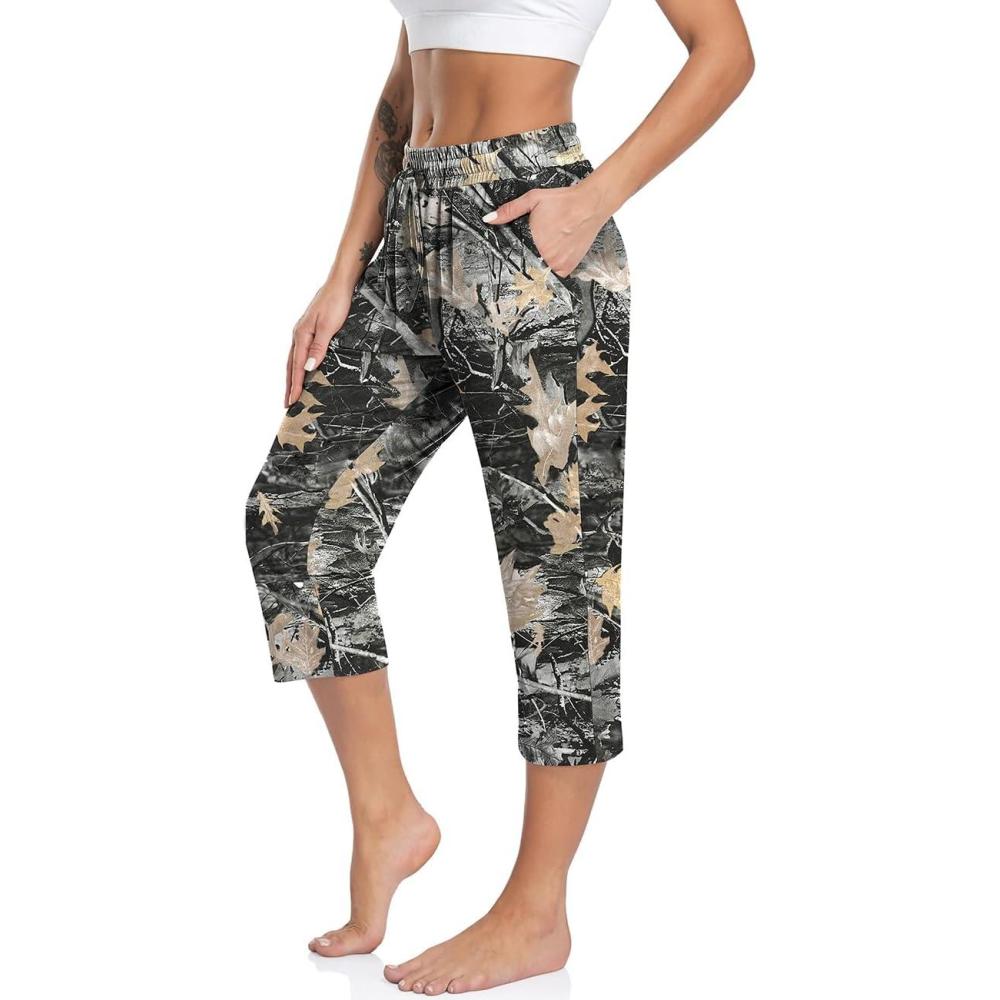 imageTARSE Womens Capri Yoga Pants Loose Soft Drawstring Workout Sweatpants Causal Lounge Pants with PocketsMapleleaf Black