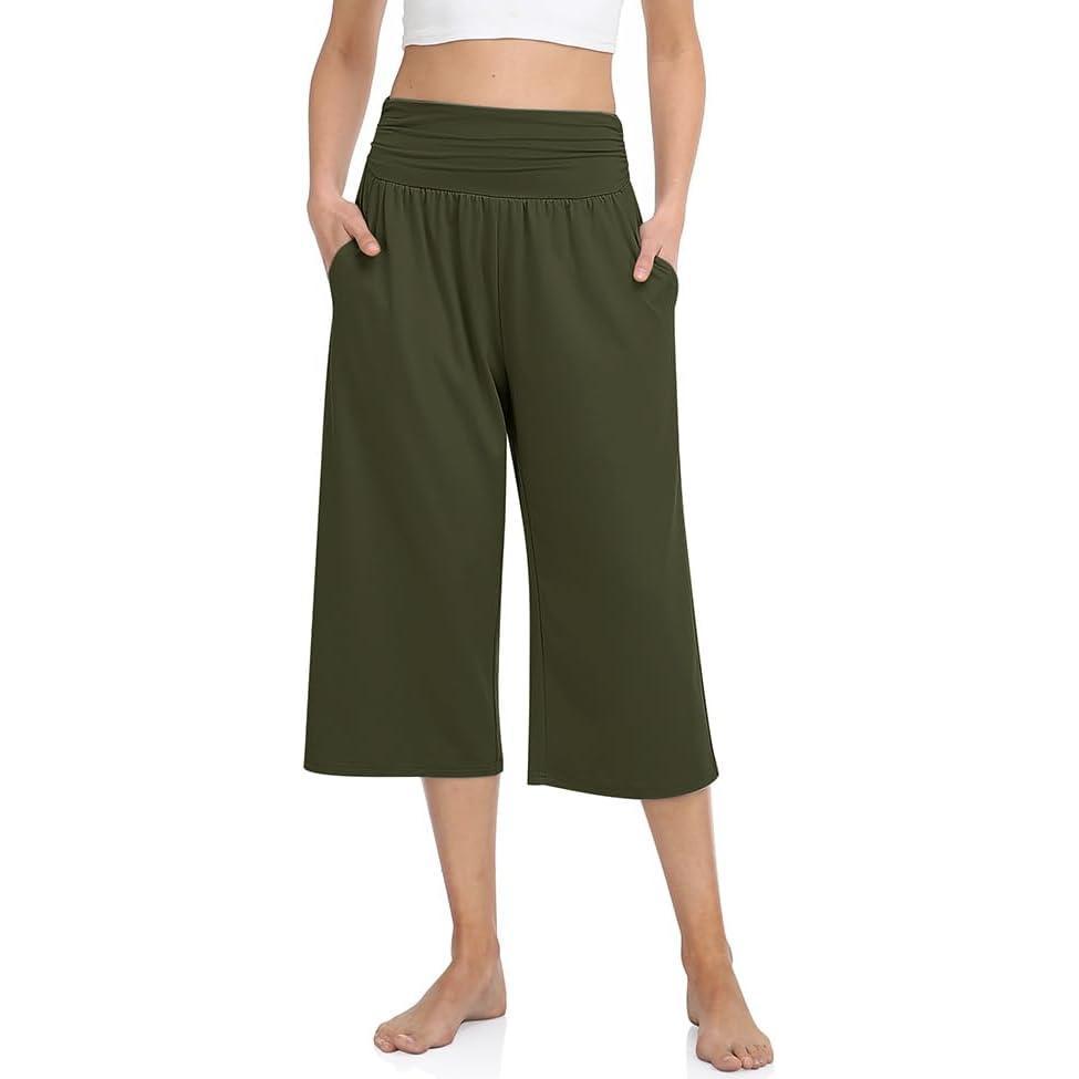 imageTARSE Womens Capris Lounge Yoga Pajama Cropped Pants Casual Wide Leg with Pockets Elastic Waist Workout Sweat Pants SummerArmy Green
