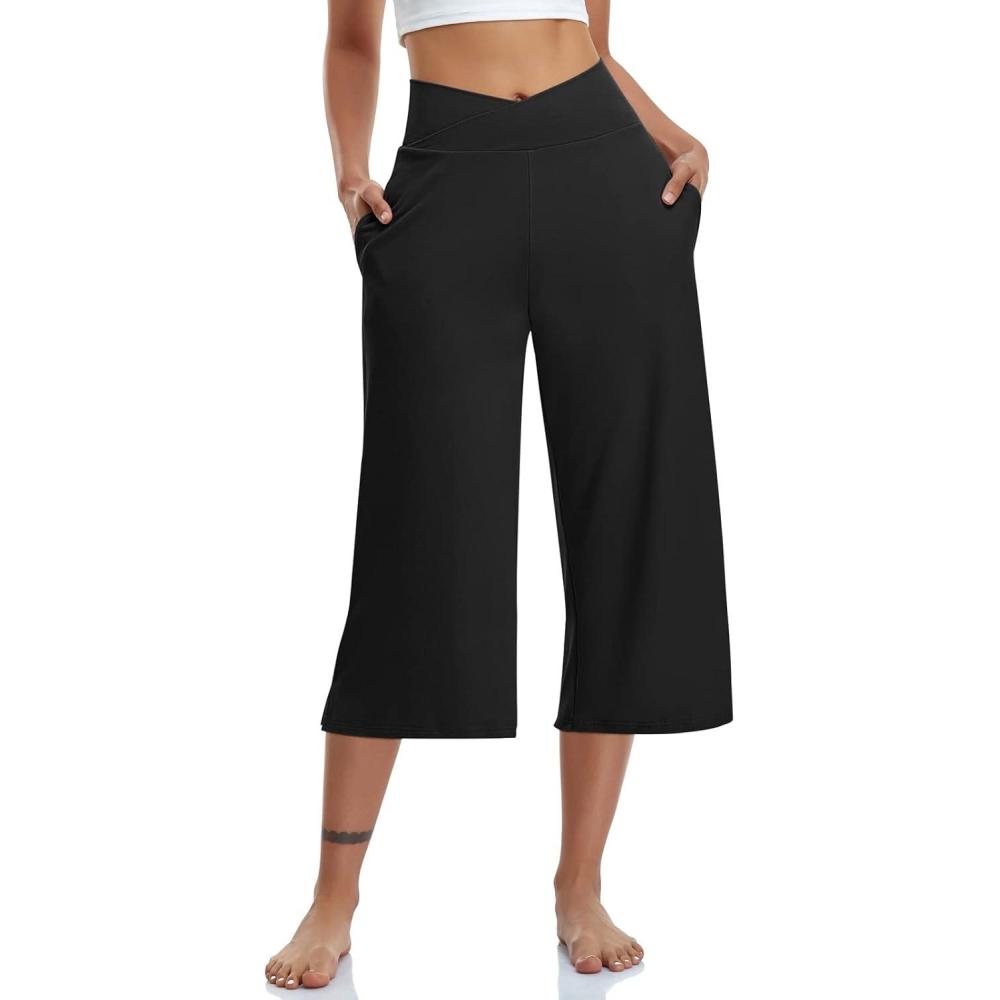 imageTARSE Womens Casual Wide Leg Yoga Capris Crossover High Waist Capri Pants Loose Soft Pajama Pockets SweatpantsBlack