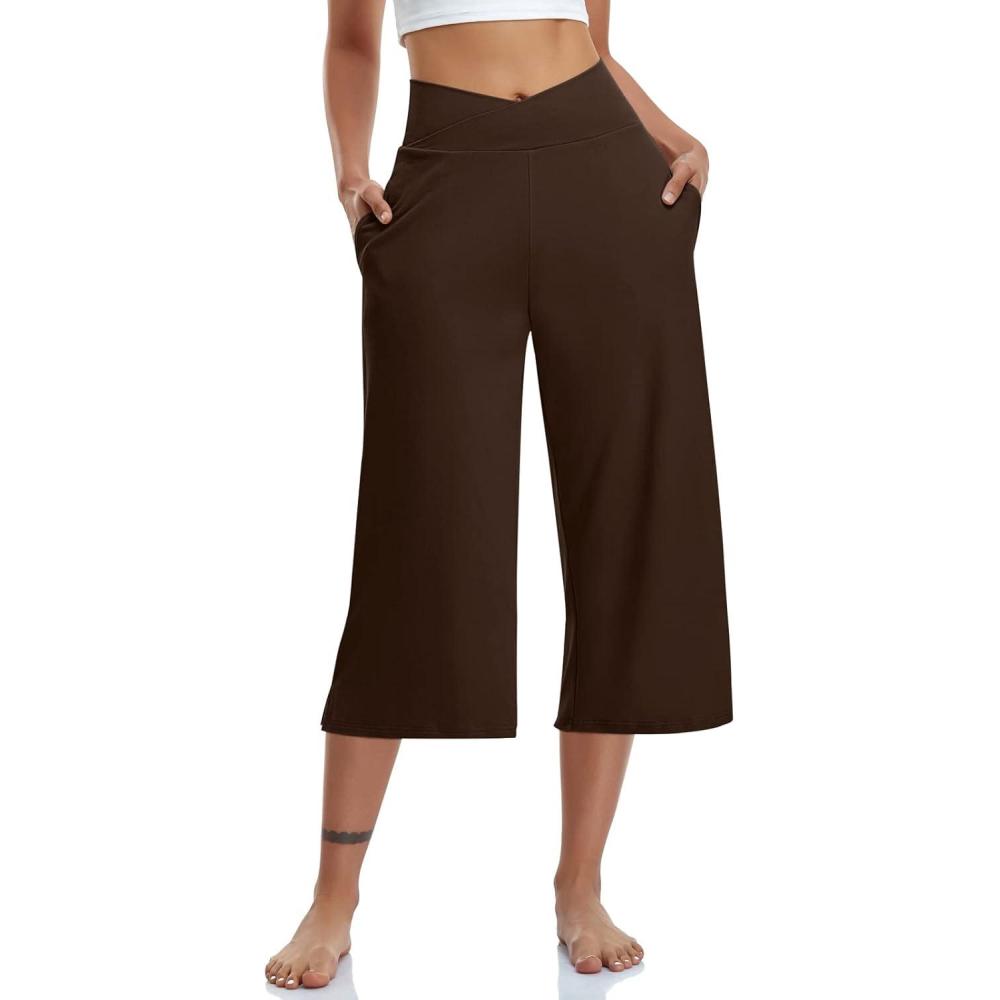 imageTARSE Womens Casual Wide Leg Yoga Capris Crossover High Waist Capri Pants Loose Soft Pajama Pockets SweatpantsDark Brown